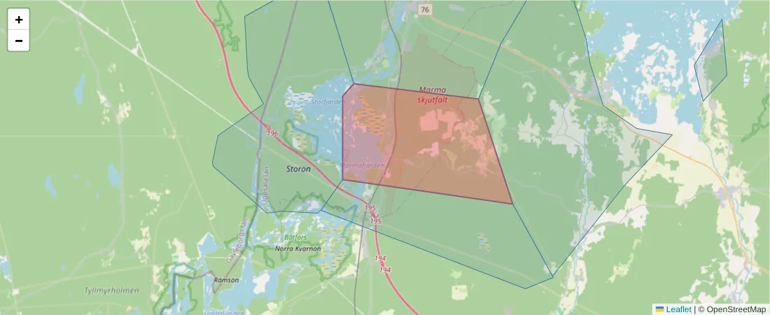 Karta över postnummerområdet  och angränsande postnummer i Sverige