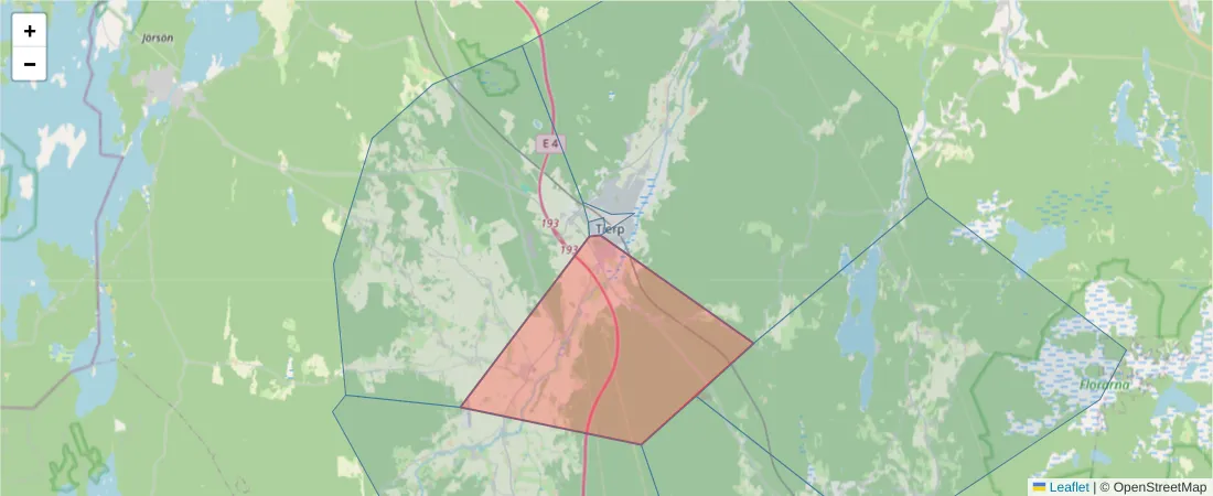 Karta över postnummerområdet  och angränsande postnummer i Sverige