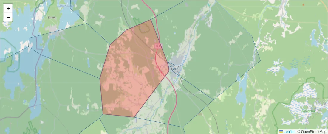 Karta över postnummerområdet  och angränsande postnummer i Sverige