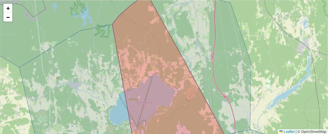 Karta över postnummerområdet  och angränsande postnummer i Sverige