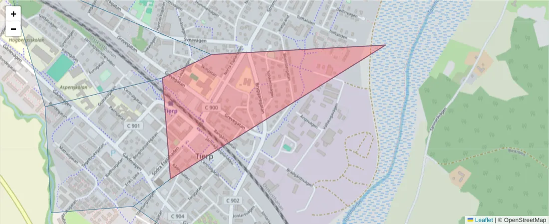 Karta över postnummerområdet  och angränsande postnummer i Sverige