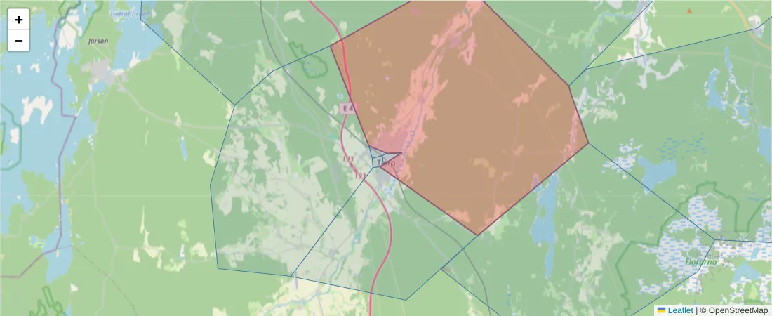 Karta över postnummerområdet  och angränsande postnummer i Sverige