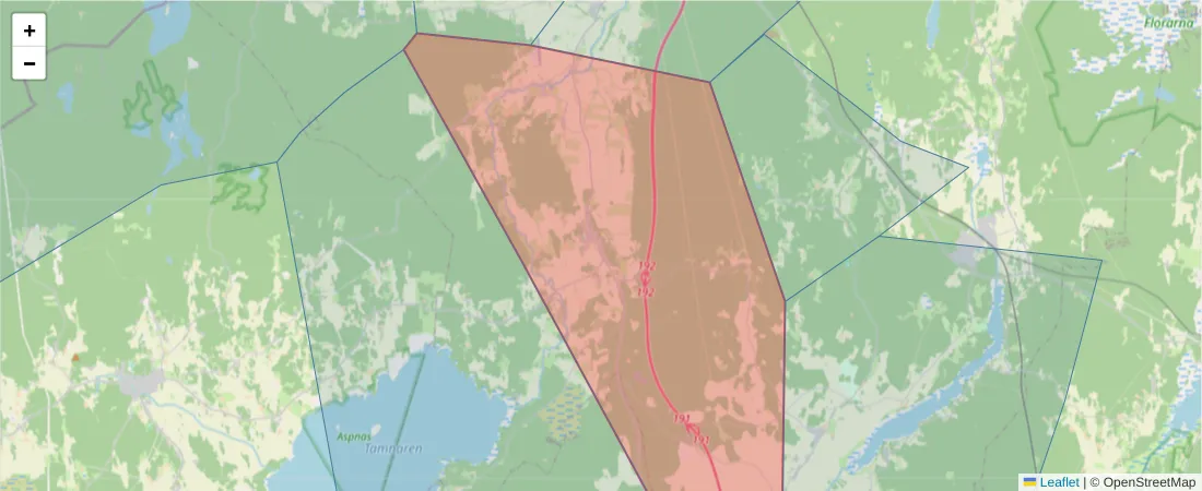 Karta över postnummerområdet  och angränsande postnummer i Sverige