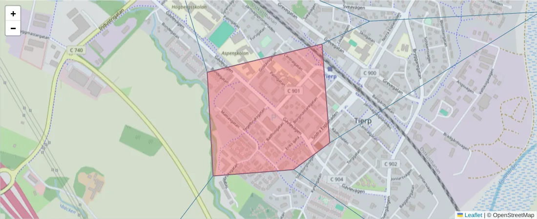 Karta över postnummerområdet  och angränsande postnummer i Sverige