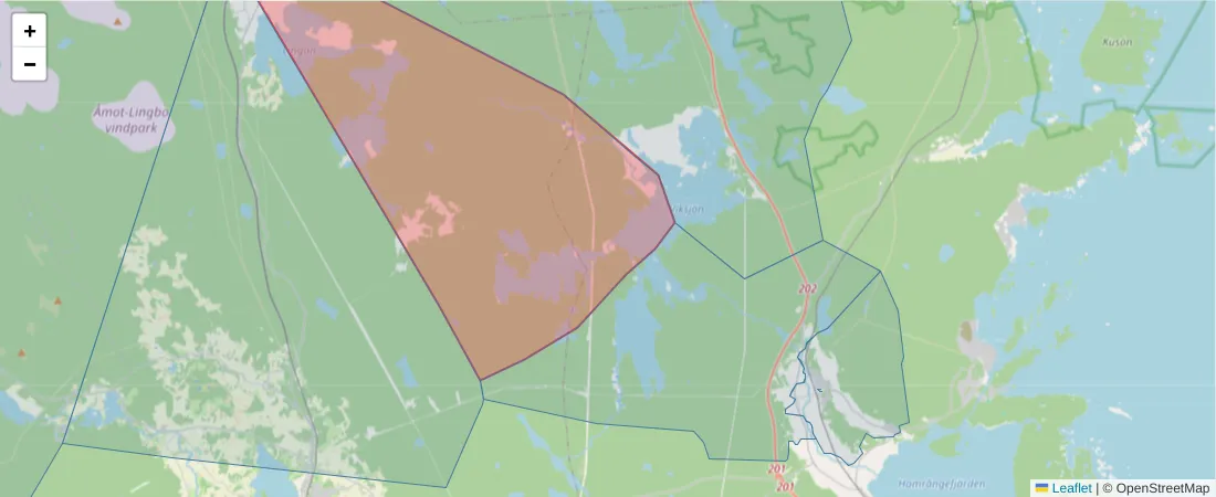 Karta över postnummerområdet  och angränsande postnummer i Sverige