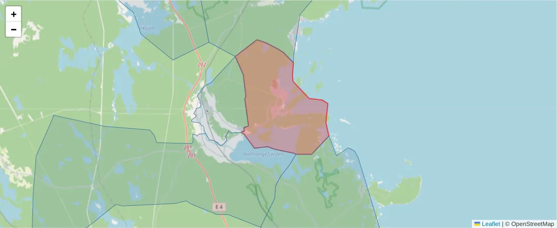 Karta över postnummerområdet  och angränsande postnummer i Sverige