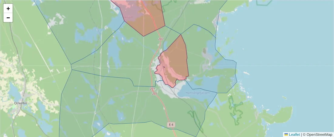 Karta över postnummerområdet  och angränsande postnummer i Sverige