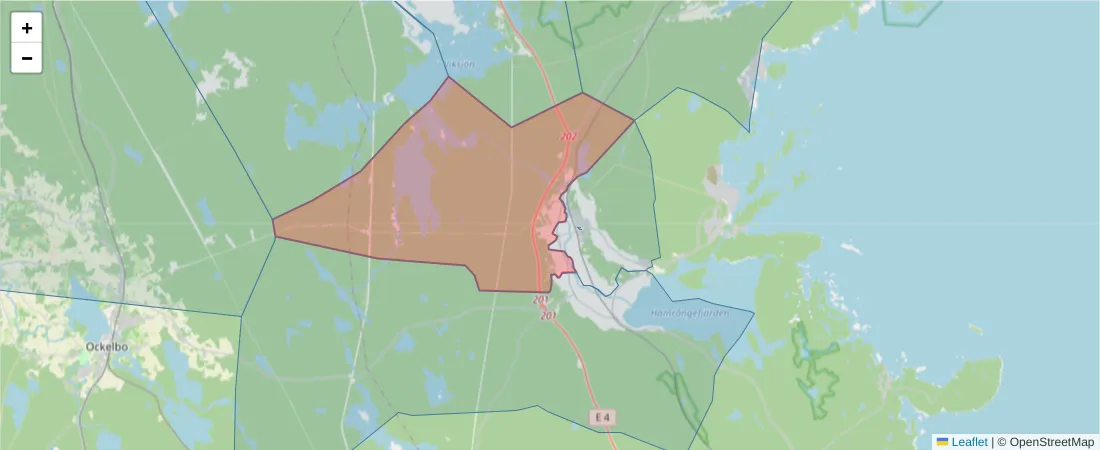Karta över postnummerområdet  och angränsande postnummer i Sverige