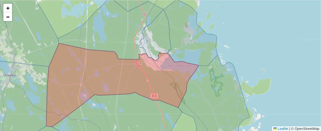 Karta över postnummerområdet  och angränsande postnummer i Sverige