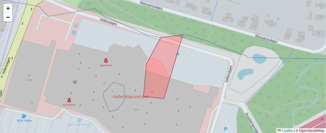 Karta över postnummerområdet  och angränsande postnummer i Sverige