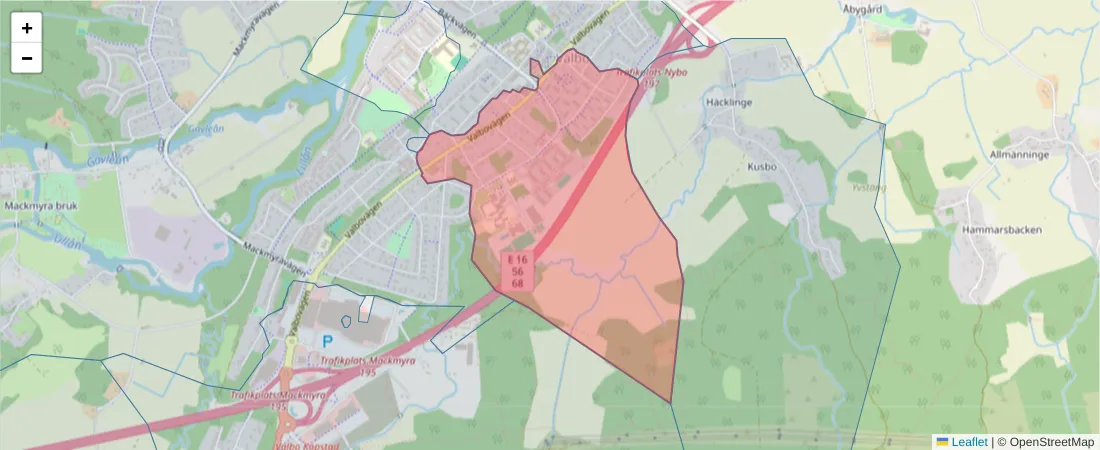 Karta över postnummerområdet  och angränsande postnummer i Sverige
