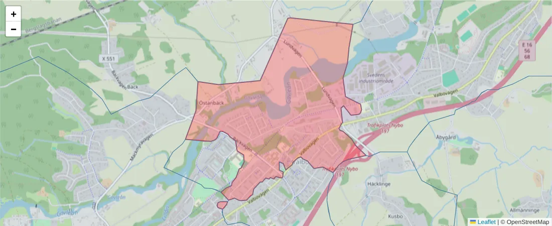 Karta över postnummerområdet  och angränsande postnummer i Sverige