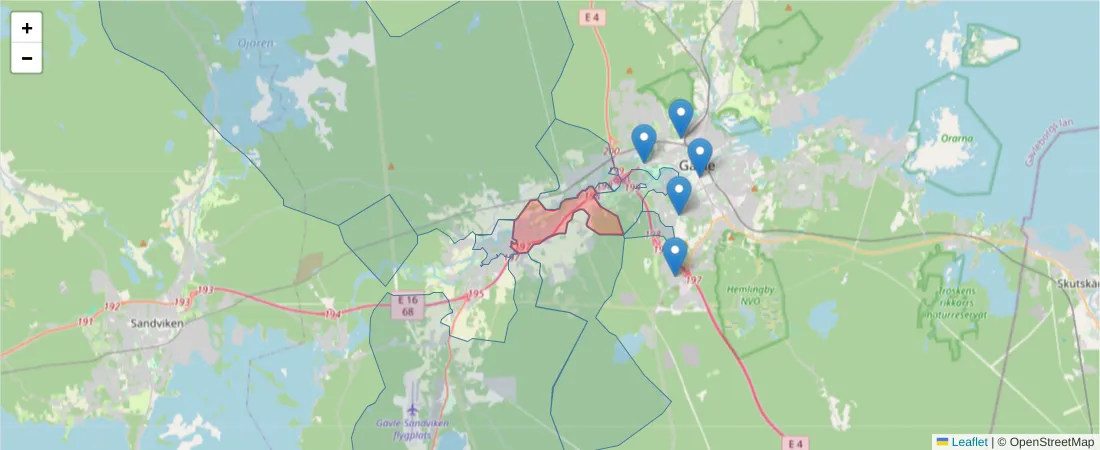 Karta över postnummerområdet  och angränsande postnummer i Sverige