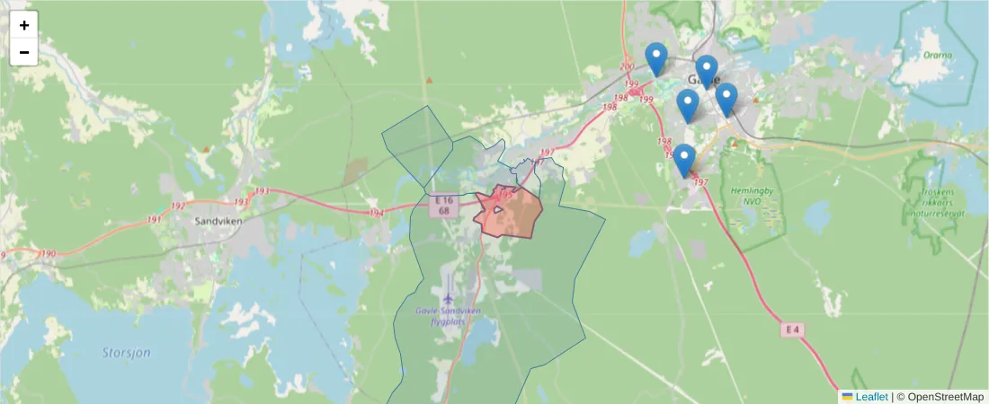 Karta över postnummerområdet  och angränsande postnummer i Sverige