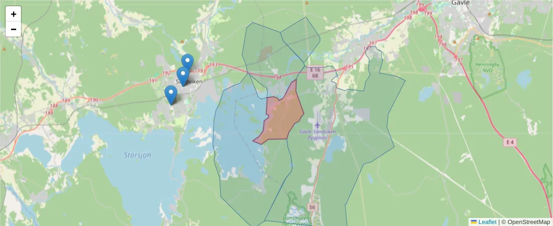 Karta över postnummerområdet  och angränsande postnummer i Sverige
