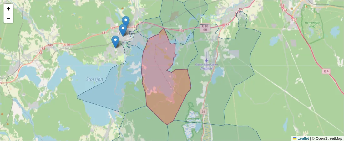 Karta över postnummerområdet  och angränsande postnummer i Sverige