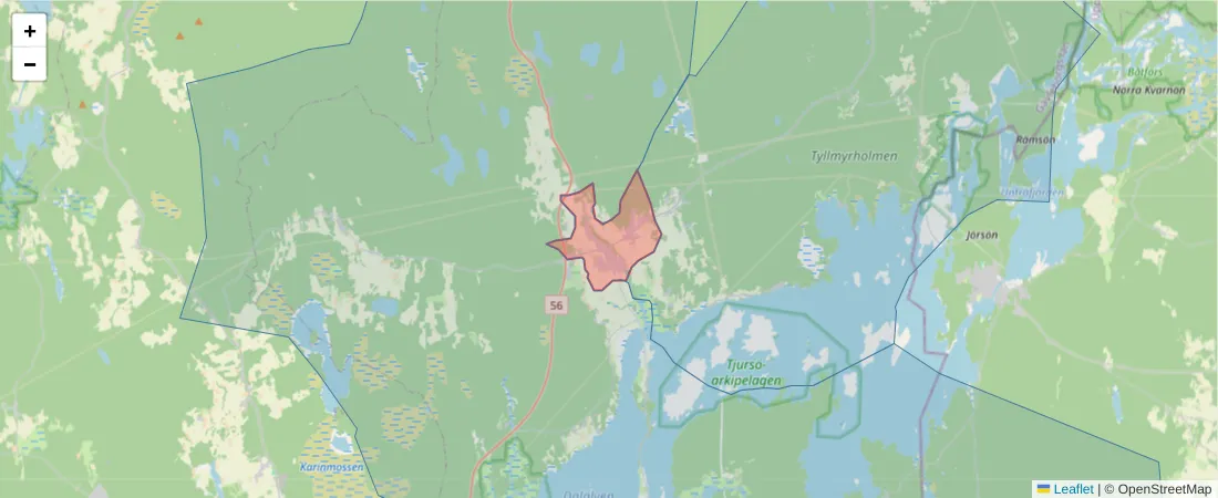 Karta över postnummerområdet  och angränsande postnummer i Sverige