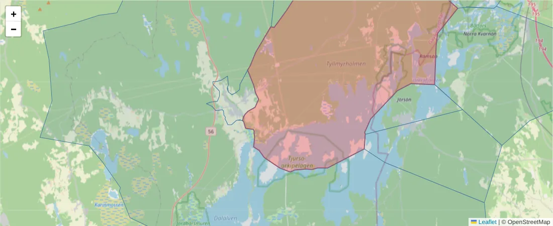 Karta över postnummerområdet  och angränsande postnummer i Sverige