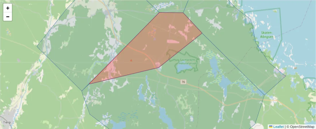 Karta över postnummerområdet  och angränsande postnummer i Sverige