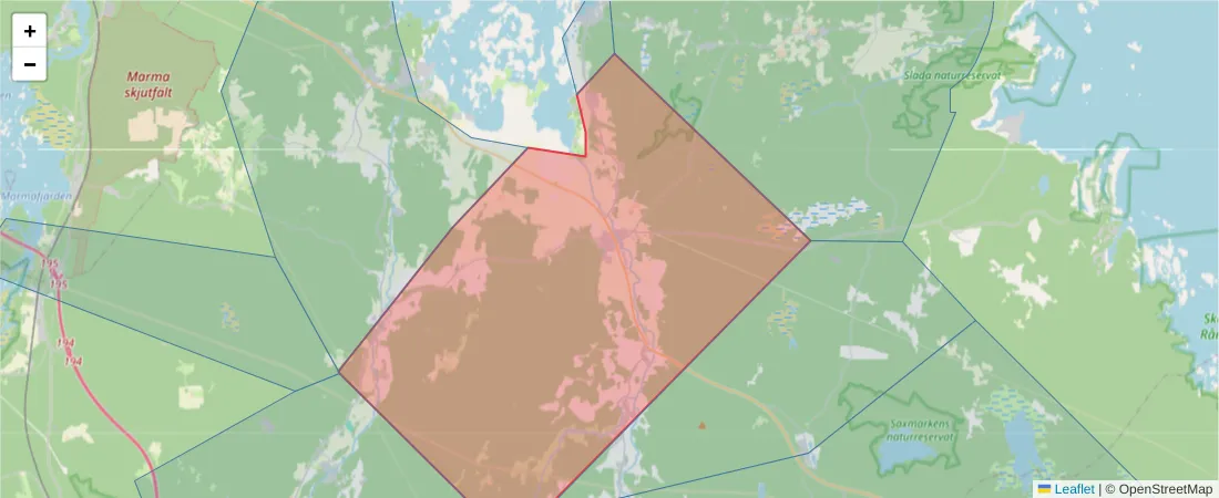 Karta över postnummerområdet  och angränsande postnummer i Sverige