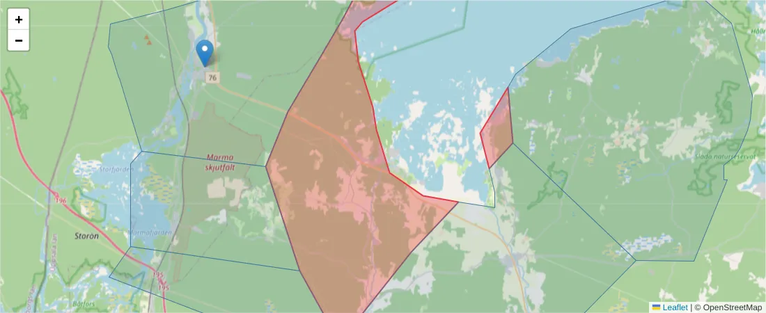 Karta över postnummerområdet  och angränsande postnummer i Sverige