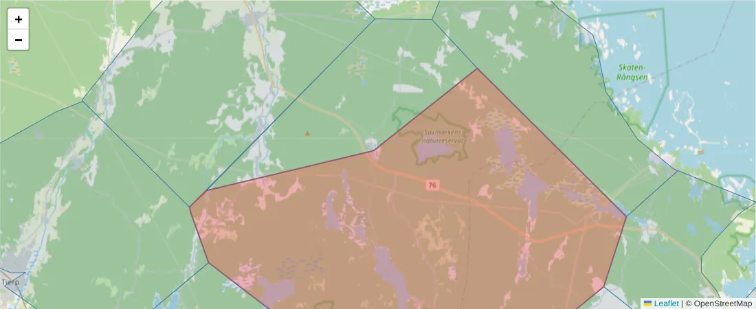 Karta över postnummerområdet  och angränsande postnummer i Sverige