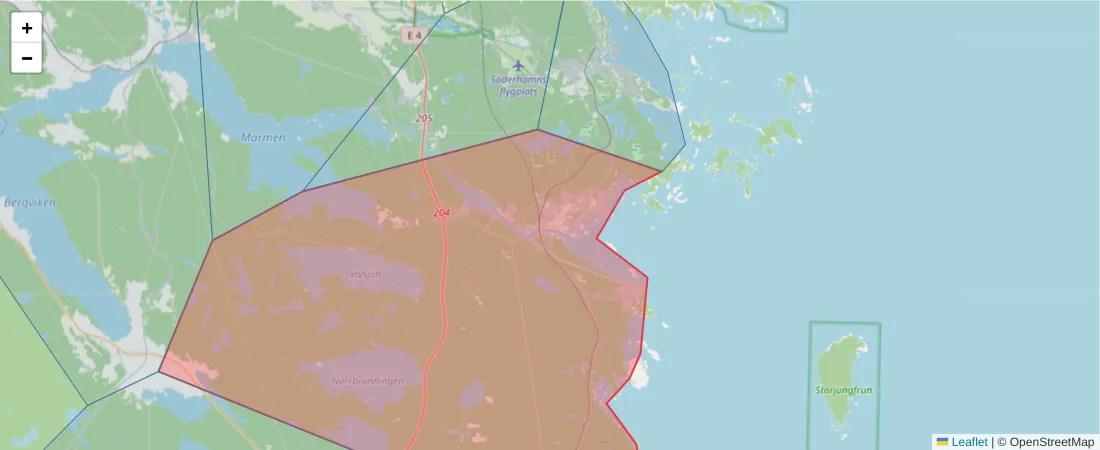 Karta över postnummerområdet  och angränsande postnummer i Sverige