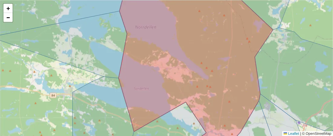 Karta över postnummerområdet  och angränsande postnummer i Sverige