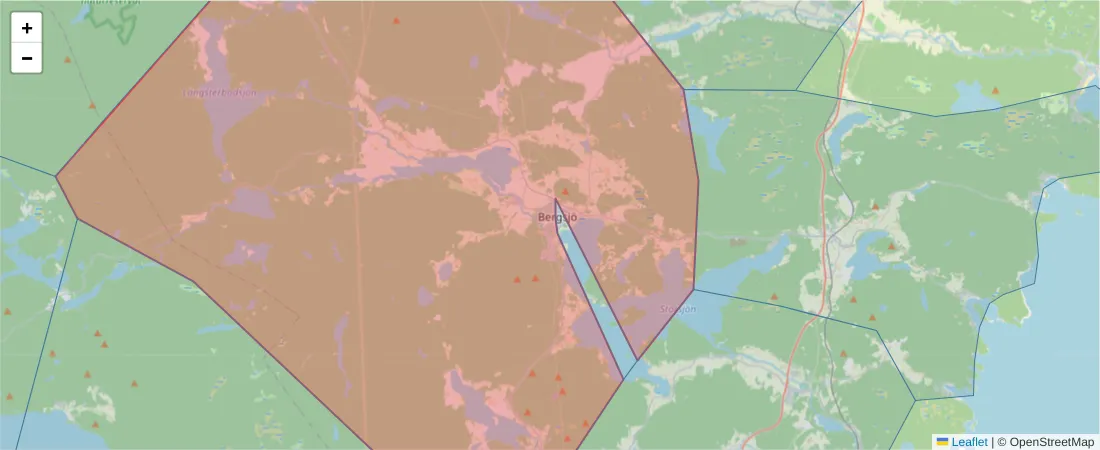 Karta över postnummerområdet  och angränsande postnummer i Sverige