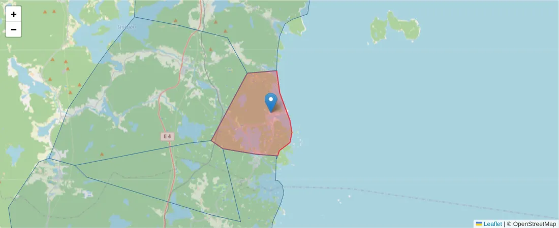 Karta över postnummerområdet  och angränsande postnummer i Sverige