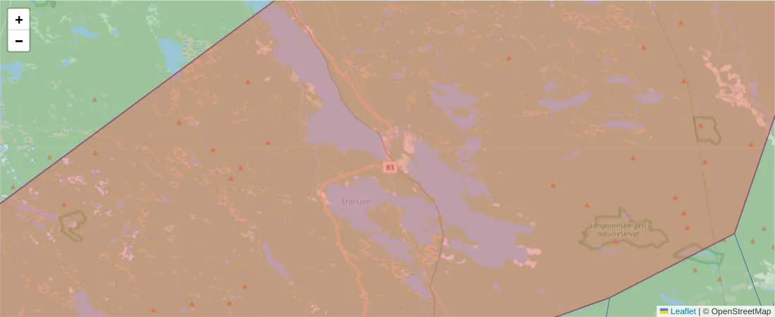 Karta över postnummerområdet  och angränsande postnummer i Sverige