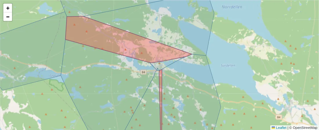 Karta över postnummerområdet  och angränsande postnummer i Sverige