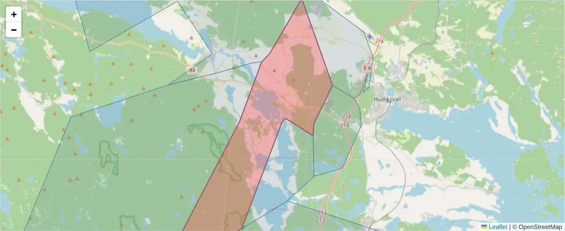 Karta över postnummerområdet  och angränsande postnummer i Sverige