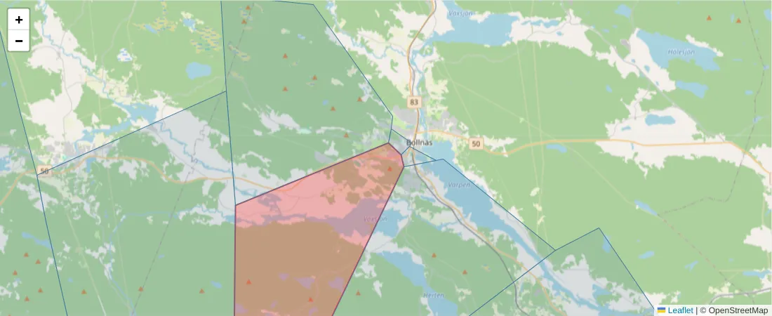 Karta över postnummerområdet  och angränsande postnummer i Sverige