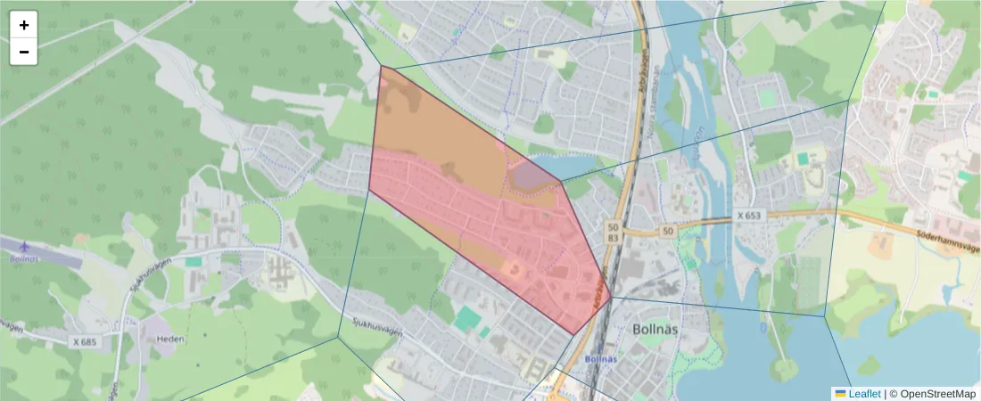 Karta över postnummerområdet  och angränsande postnummer i Sverige