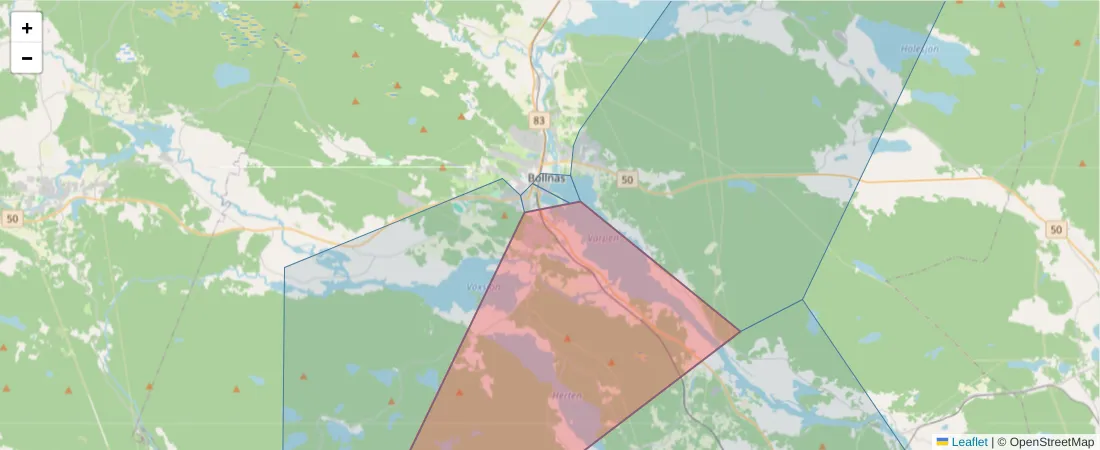 Karta över postnummerområdet  och angränsande postnummer i Sverige
