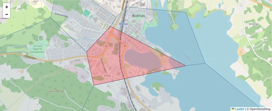 Karta över postnummerområdet  och angränsande postnummer i Sverige