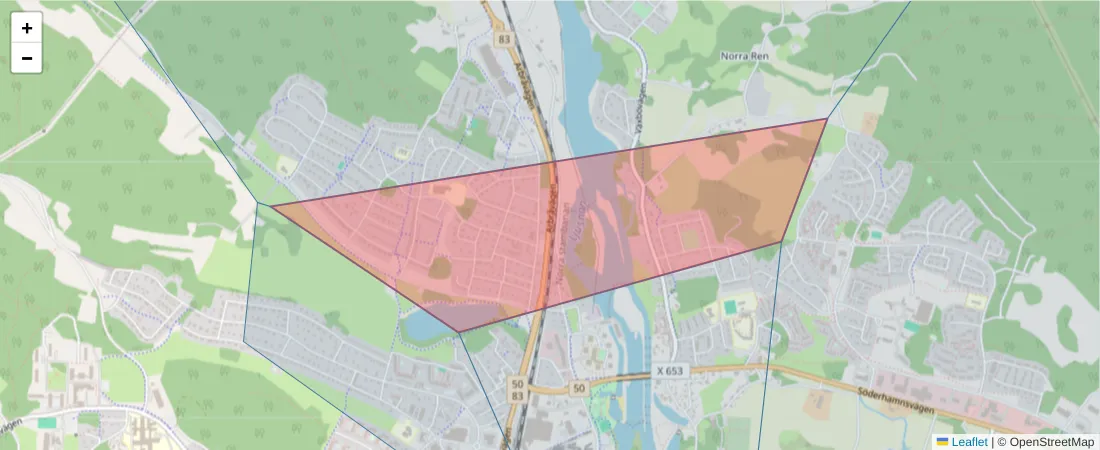 Karta över postnummerområdet  och angränsande postnummer i Sverige