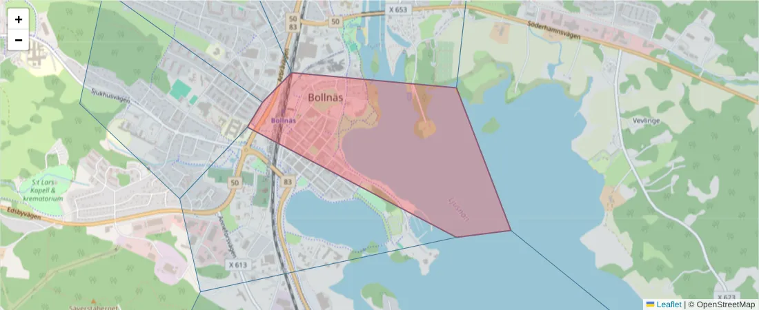 Karta över postnummerområdet  och angränsande postnummer i Sverige