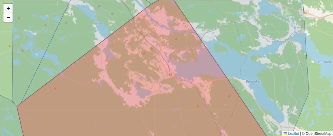 Karta över postnummerområdet  och angränsande postnummer i Sverige