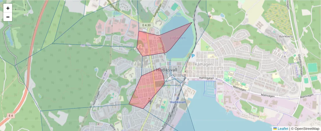 Karta över postnummerområdet  och angränsande postnummer i Sverige