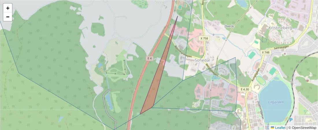 Karta över postnummerområdet  och angränsande postnummer i Sverige