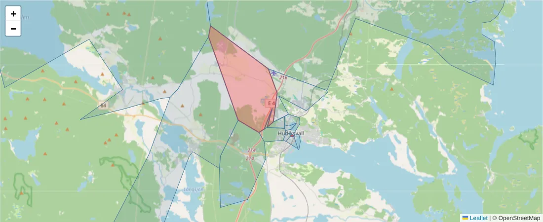 Karta över postnummerområdet  och angränsande postnummer i Sverige
