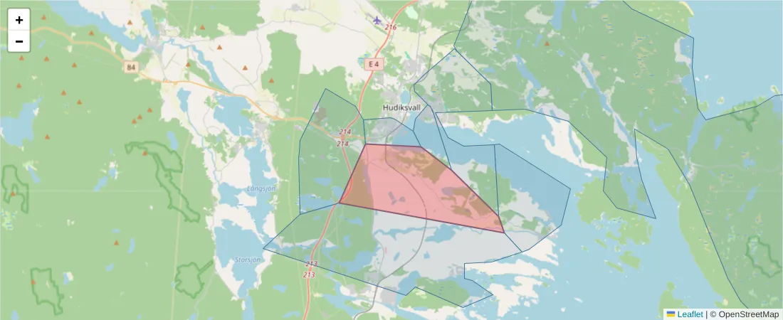 Karta över postnummerområdet  och angränsande postnummer i Sverige