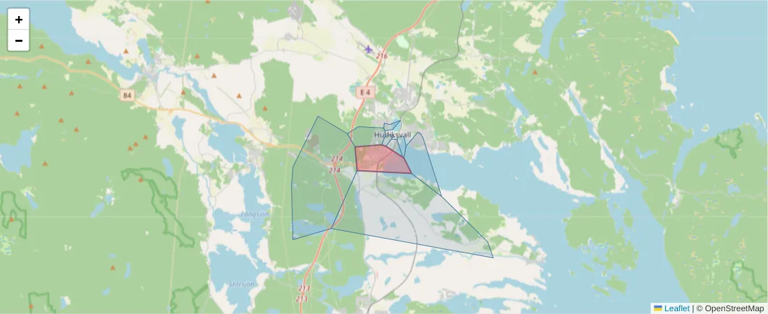 Karta över postnummerområdet  och angränsande postnummer i Sverige