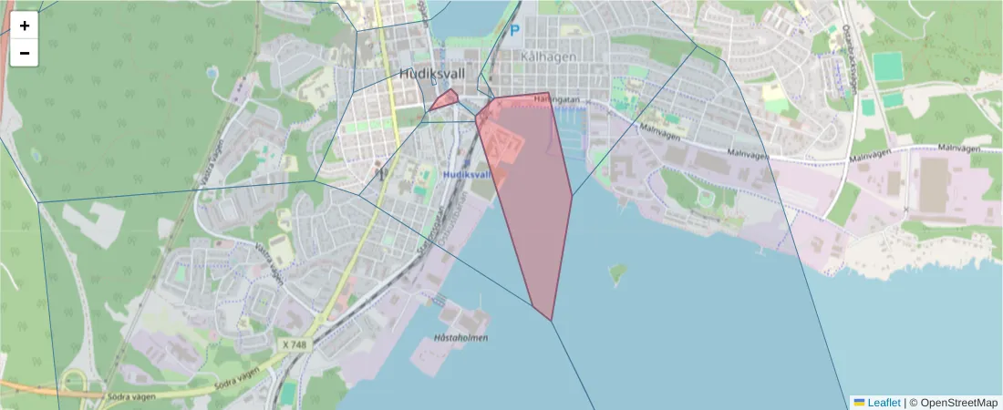 Karta över postnummerområdet  och angränsande postnummer i Sverige