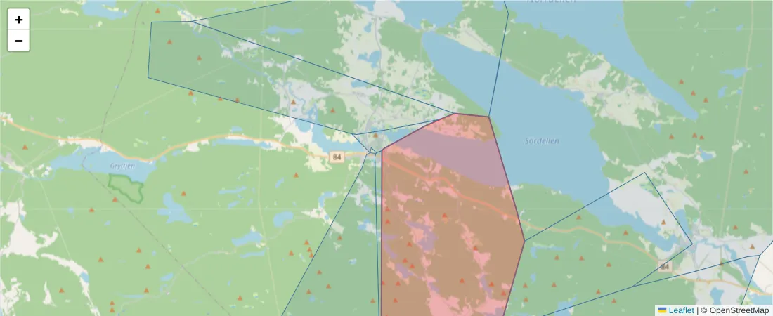Karta över postnummerområdet  och angränsande postnummer i Sverige