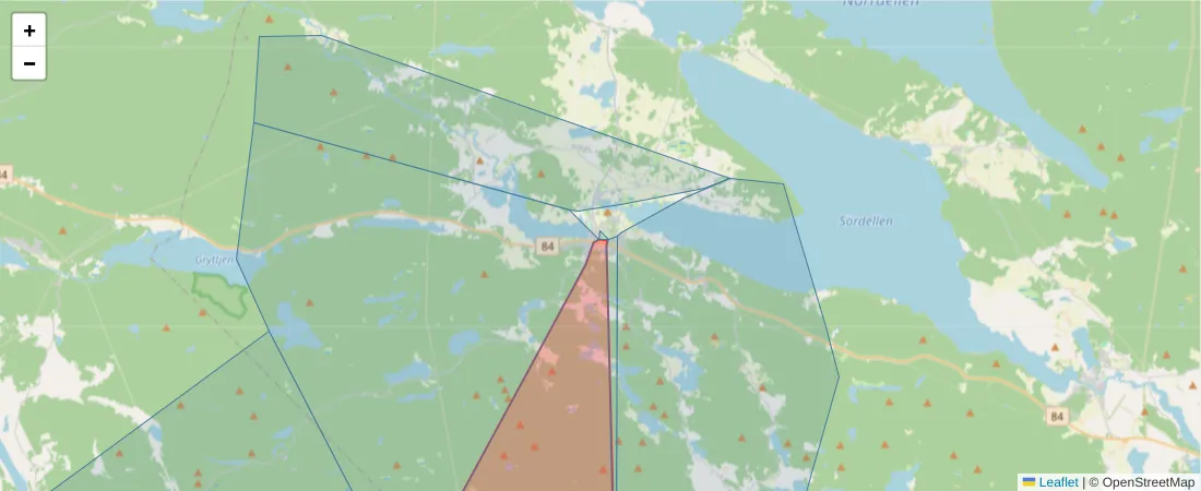 Karta över postnummerområdet  och angränsande postnummer i Sverige