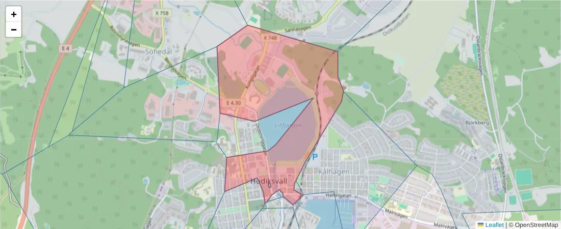 Karta över postnummerområdet  och angränsande postnummer i Sverige