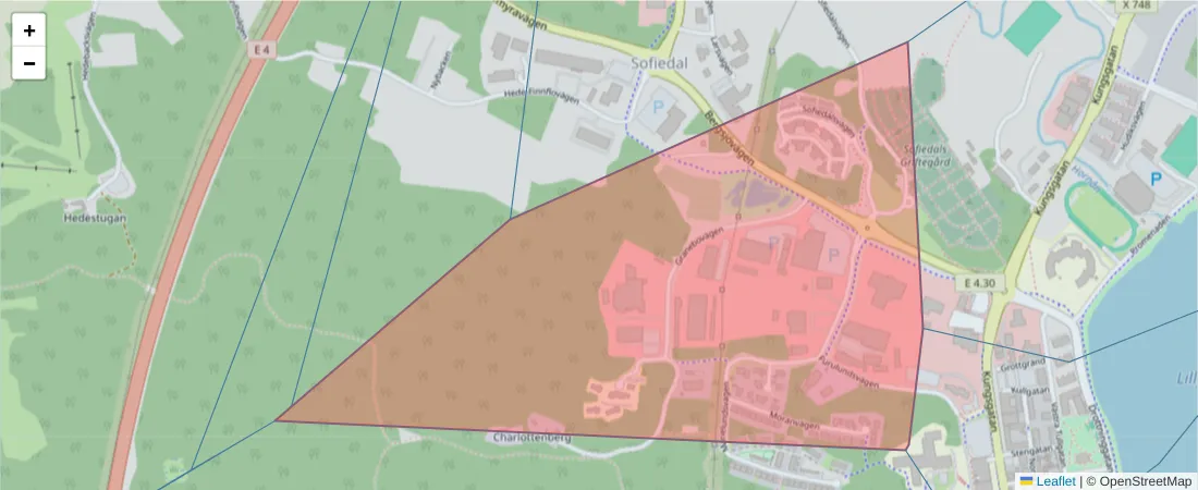 Karta över postnummerområdet  och angränsande postnummer i Sverige
